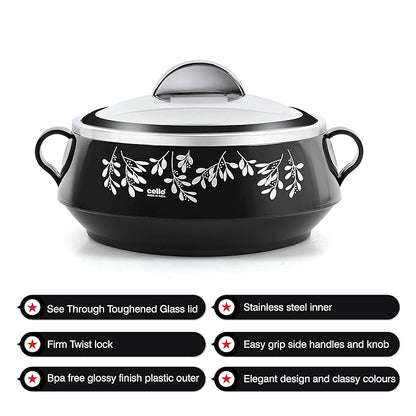 Cello Glitter Casserole With Inner Steel | Insulated Stainless Steel Inner Body Casserole Set for Meal | Set Of 3