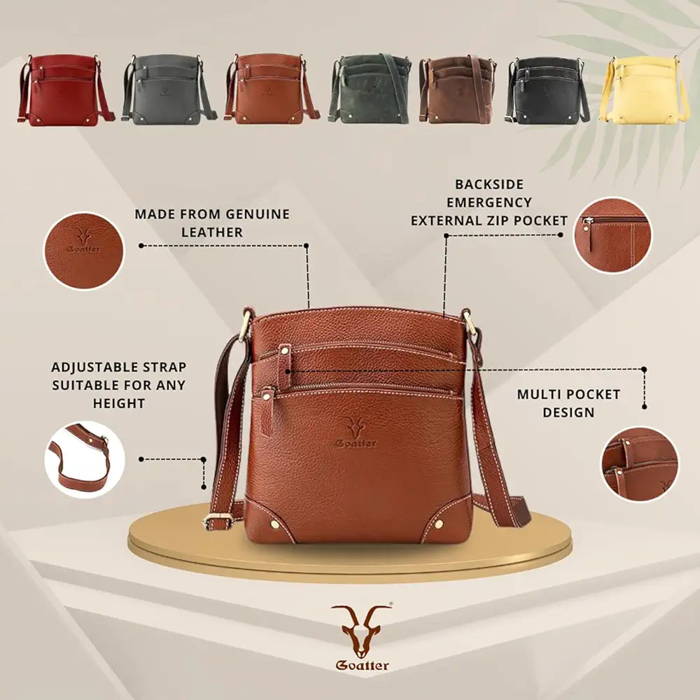 Goatter Genuine Leather 9.5" Inch Sling Cross-BodyBag for Girls And Women,