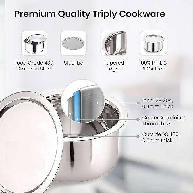 Savya Home Triply Stainless Steel Tope Patila With Lid Handi Casserole With Lid 3l 20 Cm Diameter