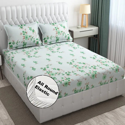 Fresh From Loom Floral Print 240 TC Microfiber Fitted King Size Bedsheet Set with 2 Pillow Cover Soft-Cyan
