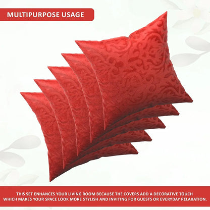 Kuber Industries Set of 5 Washable & Removable Velvet Sofa Pillow Covers with Zip Floral Design Red