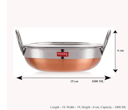 Hazel Stainless Steel Kadai with Lid Copper Bottom Utensil Capacity of 1Ltr I 18 Gauge Vessel