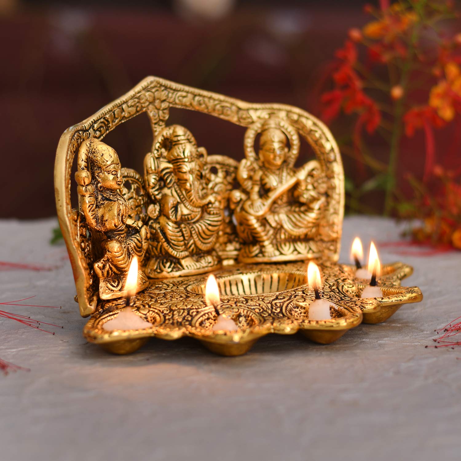 Metal Lakshmi Ganesha Showpiece Statue with Diya