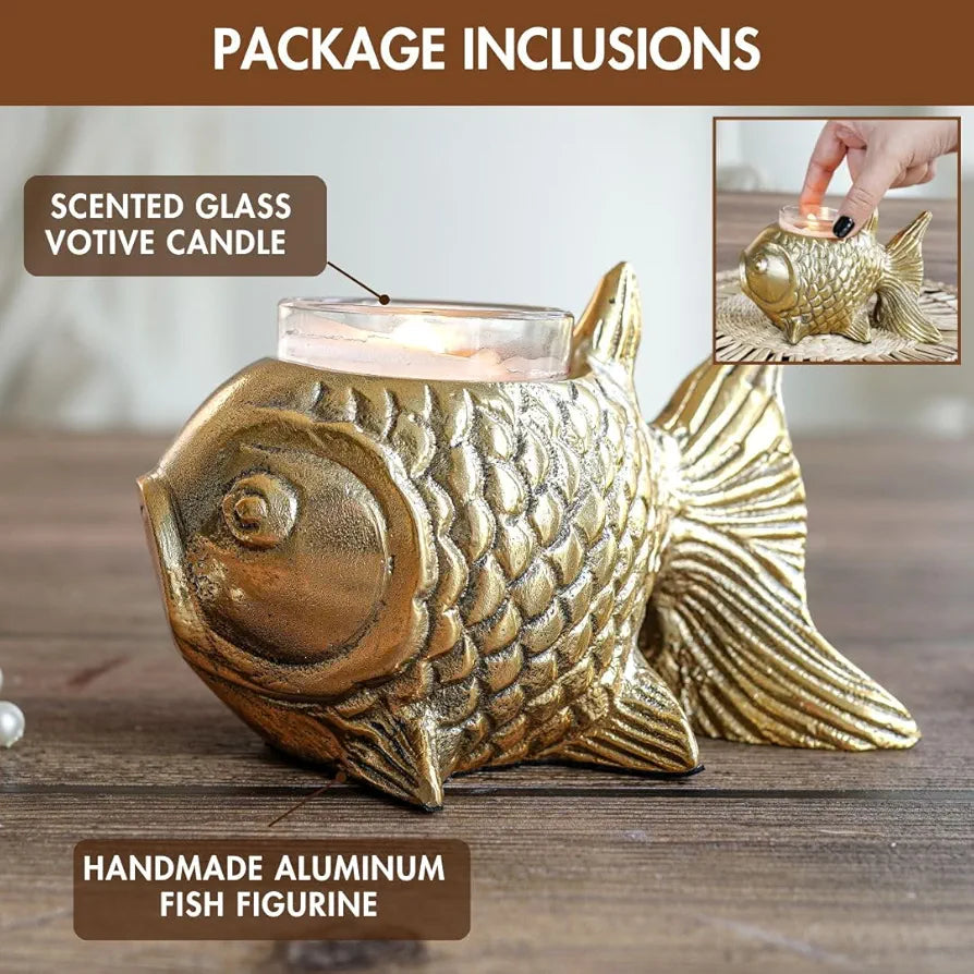 BEHOMA Aluminium Fish Figurine for Good Luck and Success | Candle Holder for Home Dcor Tabletop Living Room | Showpiece for Valentine's Day, Birthday , Gold