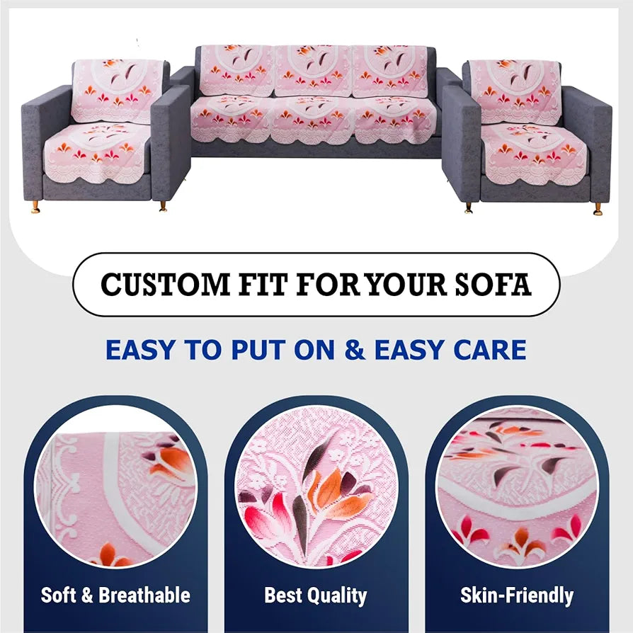Kuber Industries 5-Seater Sofa Cover for Home Decor Printed Sofa Cover Set Pink