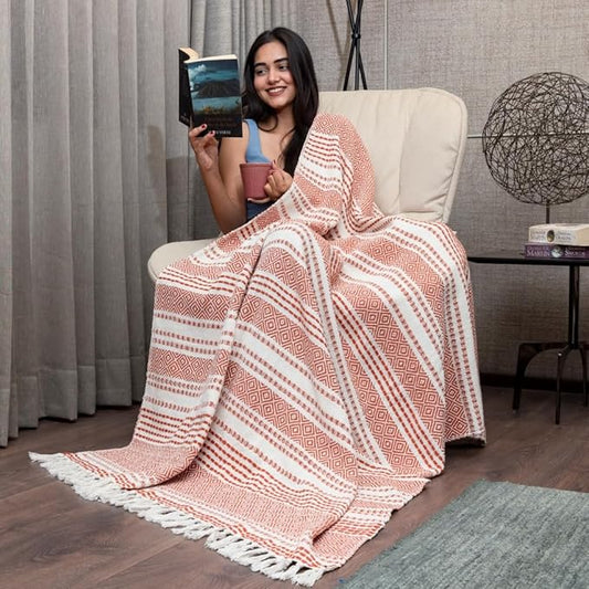 Urban Space Handmade Pure Cotton Sofa Throw Blanket Soft Decorative Colour Boho Red&White