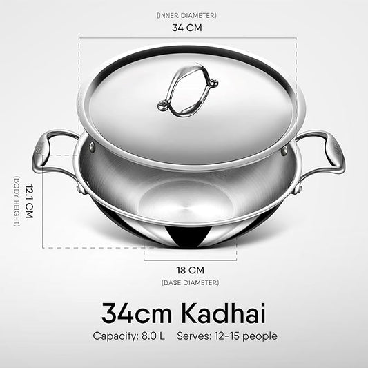 Stahl Artisan Triply Stainless Steel Kadhai With Lid | Kadai for Cooking | Induction & Gas Stove Compatible | 8 Litres | 34 Cm