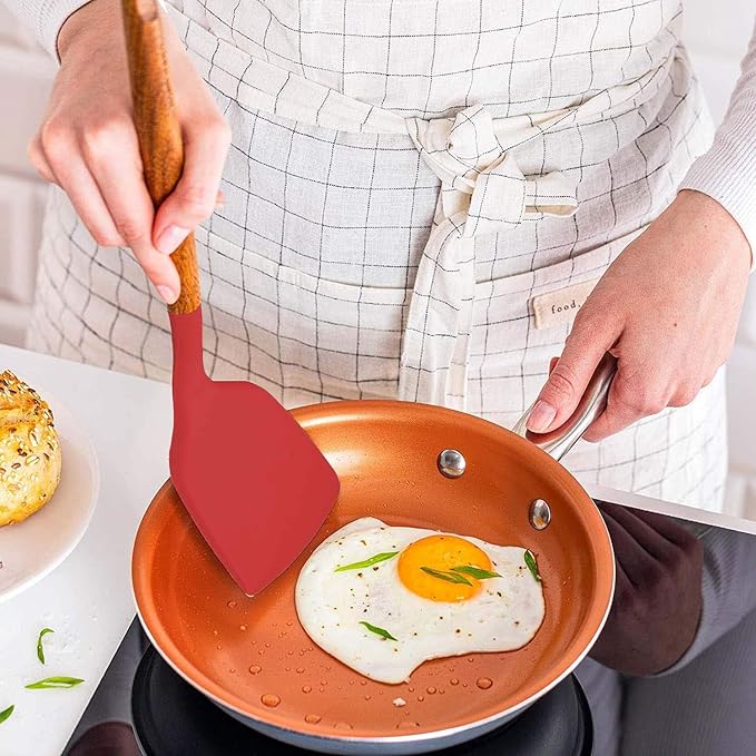 P-Plus International Silicone Spatula Wooden Handle Flexible & Heat Resistant Rubber Non-Stick Red
