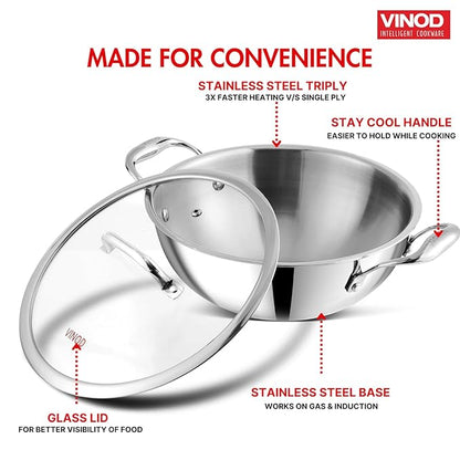 Vinod Platinum Triply Stainless Steel Extra Deep Kadai with Glass Lid 3.7 Litre (26 cm) | 2.5mm Thick | Kadai for Cooking