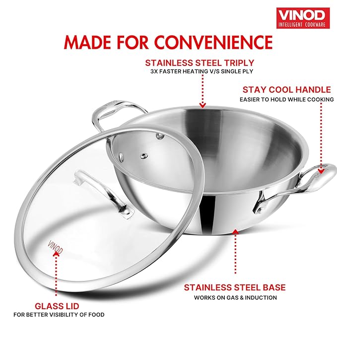 Vinod Platinum Triply Stainless Steel Extra Deep Kadai with Glass Lid 1.2 Litre (18 cm) | 2.5mm Thick | Kadai for Cooking