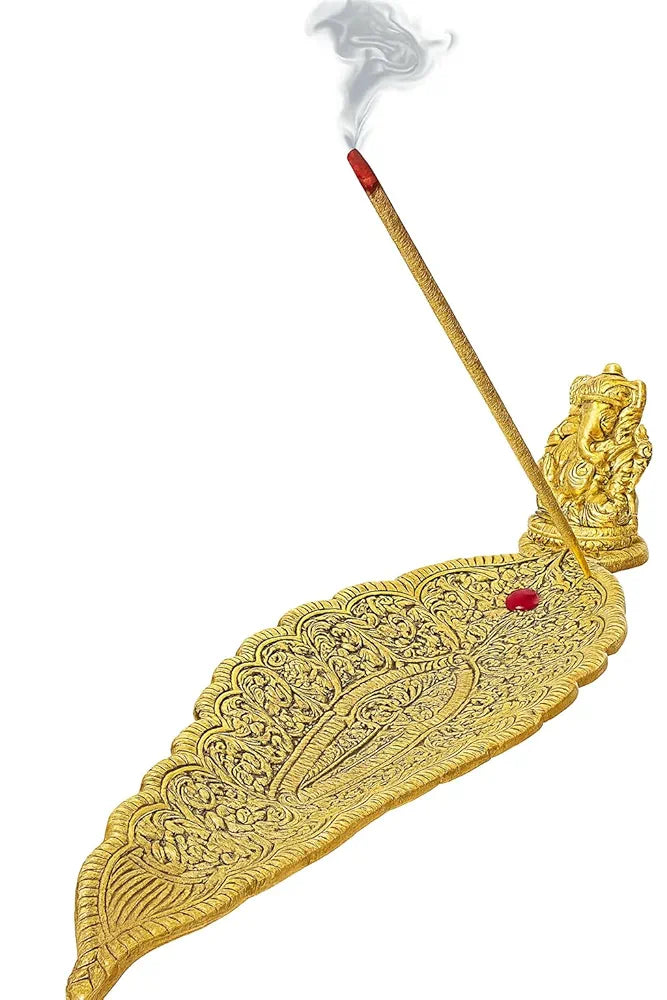 Pure Source India Aluminum Incense Holder & Ash Catcher Agarbatti Stand Featuring Ganesh Figurine Gold