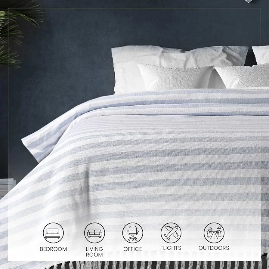 Sashaa World Striped Throw Super Soft & Breathable Bed Cover Blue & White