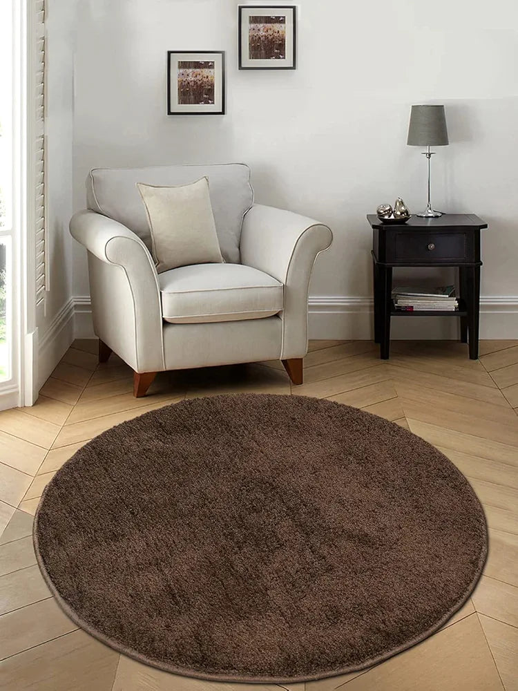 Saral Home Neon Shaggy Yarn Anti-Skid Round Mats Colour Brown