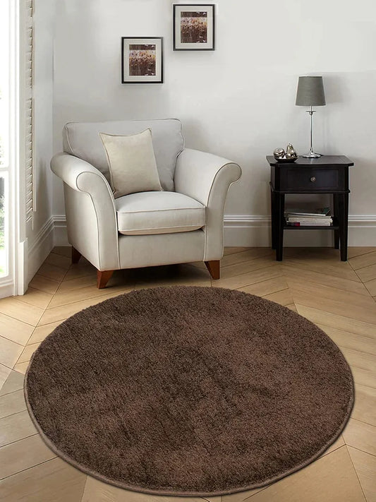 Saral Home Neon Shaggy Yarn Anti-Skid Round Mats Colour Brown