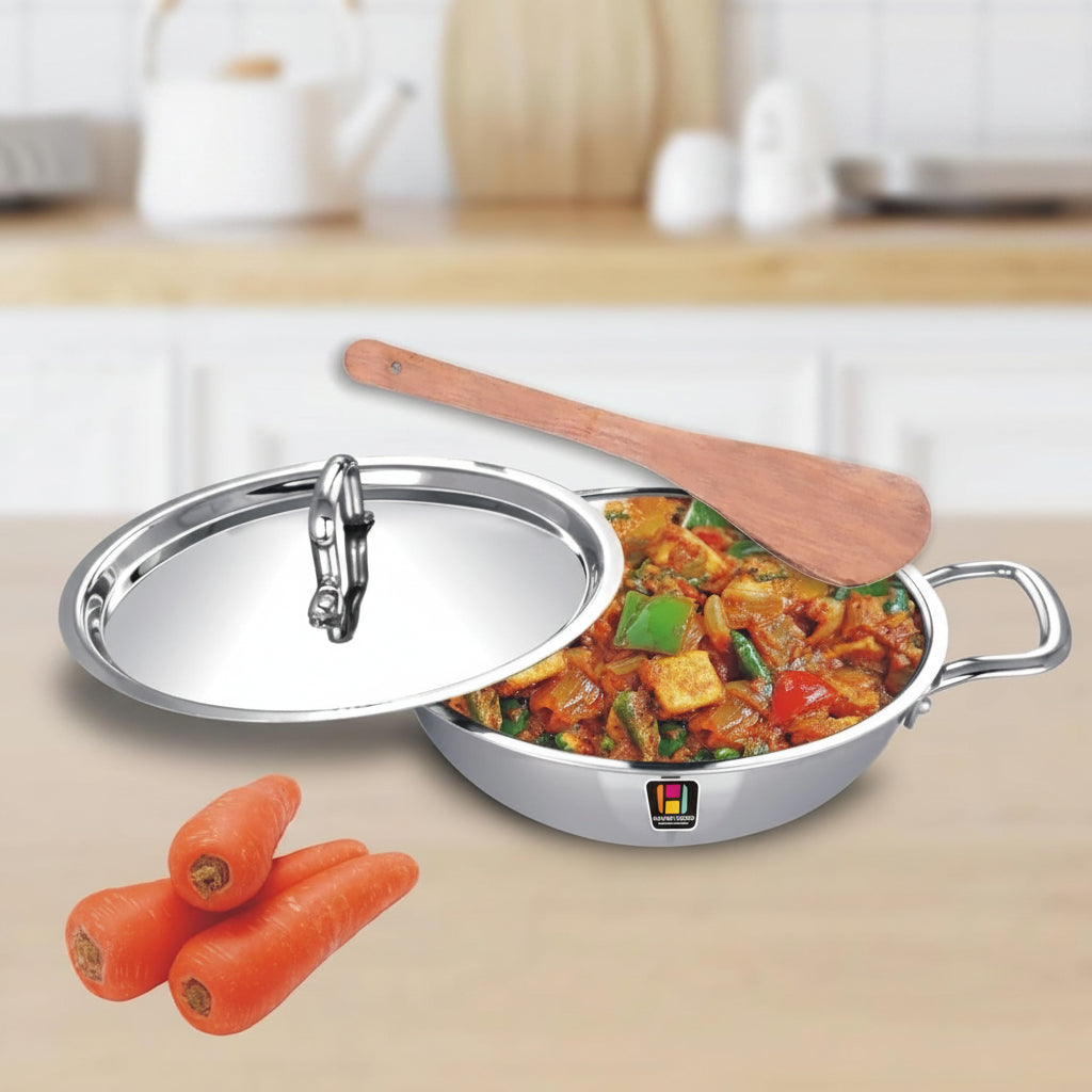Human Hydro Tri-Ply Stainless Steel Kadai with SS Lid and Spatula 24cm 2.8L Induction Gas