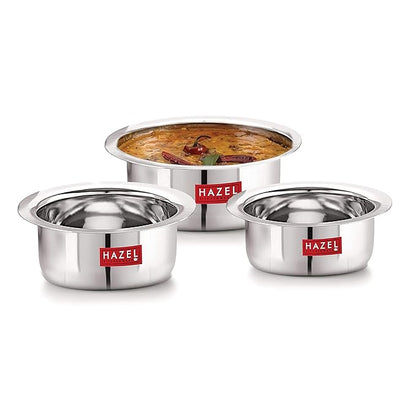 Hazel Small Utensils Set for Kitchen Set of 3 (300 ml, 500 ml & 800 ml) Small Stainless Steel Flat Bottom