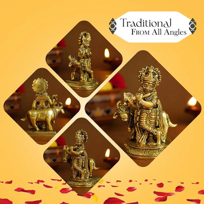 Ekhasa Pure Brass Lord Krishna Idol with Flute Shree Lord Krishna Statue Golden Krishna With Cow
