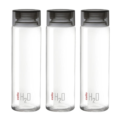 Cello H2O Glass Fridge Water Bottle with Plastic Cap | 920 ml | Set of 3 | Black