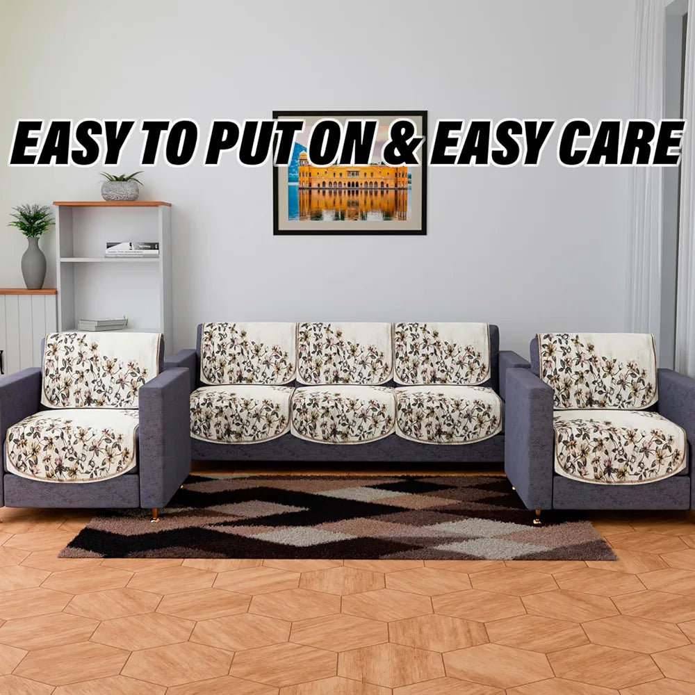 Kuber Industries Velvet Sofa Cover Set 5 Seater Couch Slipcover With Side Flower Design for Living Room Cream