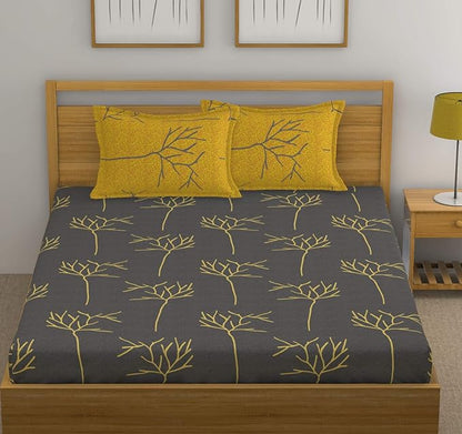 Huesland by Ahmedabad Cotton 144 TC Cotton King Size Bedsheet with 2 Pillow Covers - Grey and Yellow(9ft x 9ft)