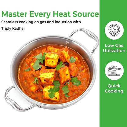 Hazel Triply Stainless Steel Cookware I Triply Kadai Steel 1.2 litres I Induction Bottom Triply Cookware