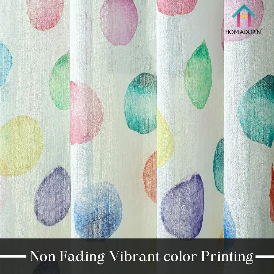 Homadorn Linen Sheer Printed Semi Transparent Curtains for Window Set of 2 Rainbow Circles