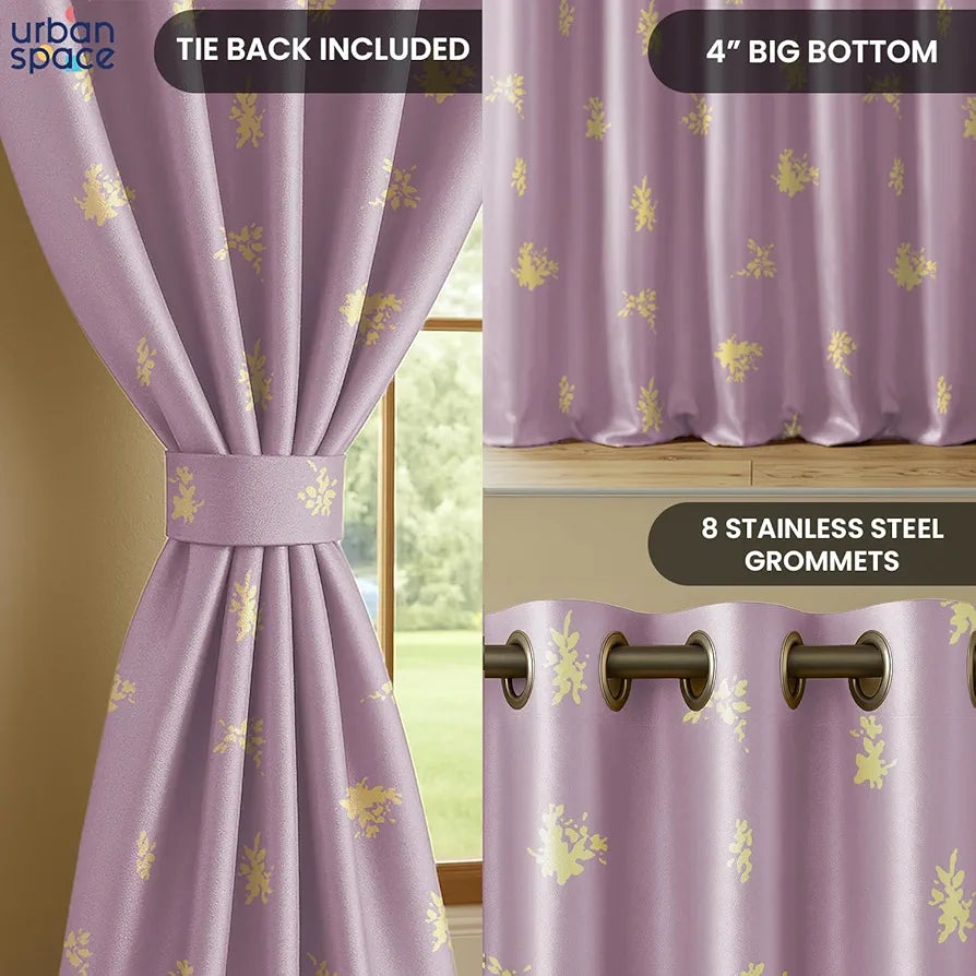 Urban Space Blackout Curtains for Living Room Gold Foil Printed Luxurious Blackout Decorative Door Curtain 1 Piece Crackle lilac Colour