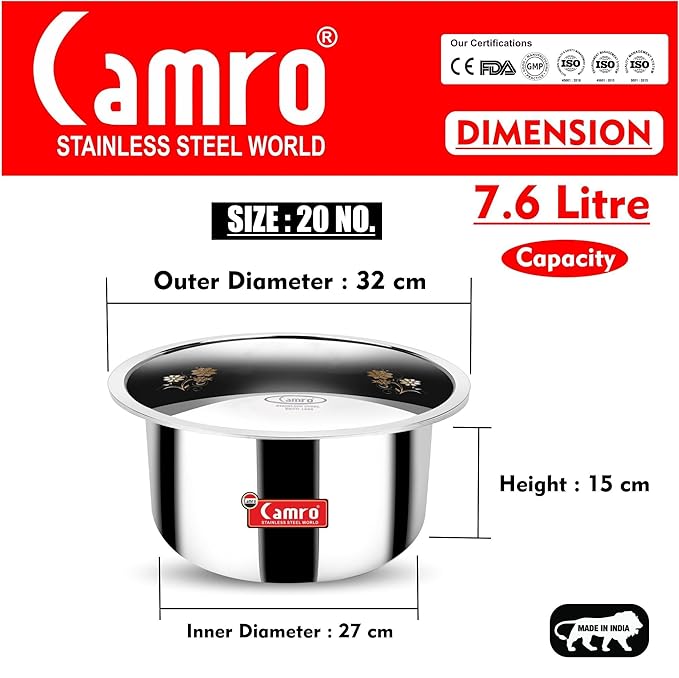 Camro Tripro Triply Artisian Tope with lid 20 No 8 Liters Capacity Cauldron Tope Handi
