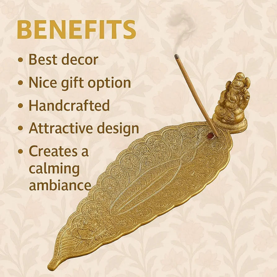 Pure Source India Aluminum Incense Holder & Ash Catcher Agarbatti Stand Featuring Ganesh Figurine Gold