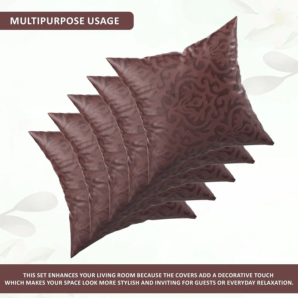 Kuber Industries Set of 5 Washable & Removable Velvet Sofa Pillow Covers with Zip Floral Design Brown