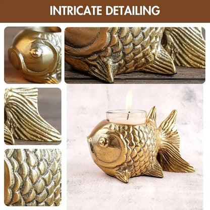 BEHOMA Aluminium Fish Figurine for Good Luck and Success | Candle Holder for Home Dcor Tabletop Living Room | Showpiece for Valentine's Day, Birthday , Gold