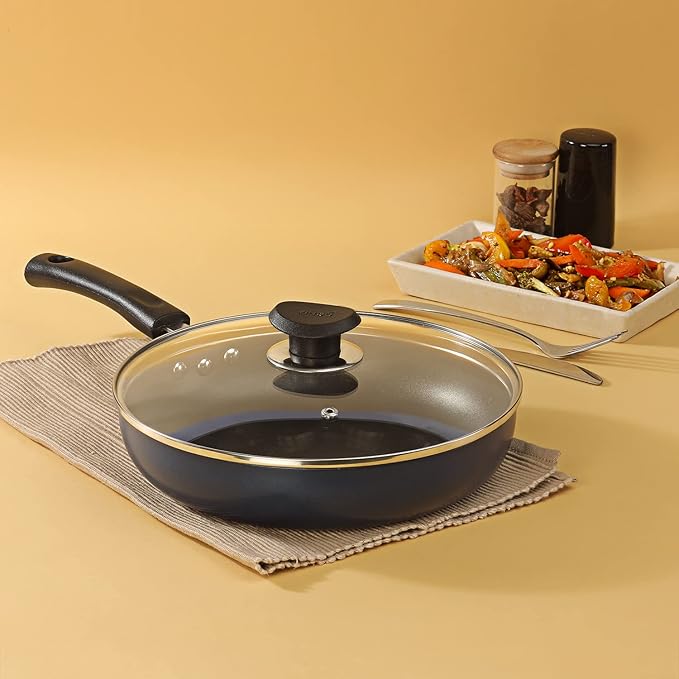Vinod Zest Aluminium Non Stick Deep Frypan with Glass Lid - 24 cm | 3 Layer Ceramic Coating | 3 mm Extra Thick