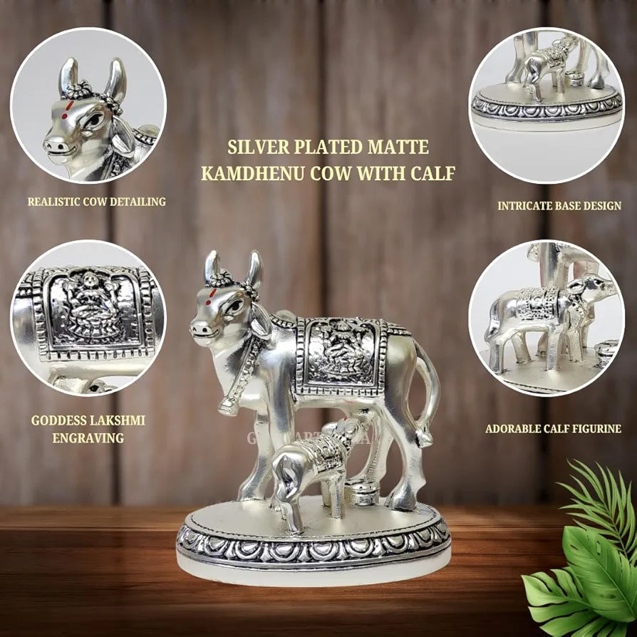 Gold Art India Kamdhenu Cow and Calf Idol Silver Matte Finish Decorative Murti 7.62 cm x 7.62 cm