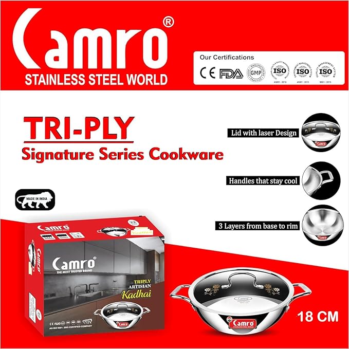 Camro Tripro Triply Signature Kadhai with lid 18 Cm 1 Liters Capacity Stainless Steel Lid for Curry