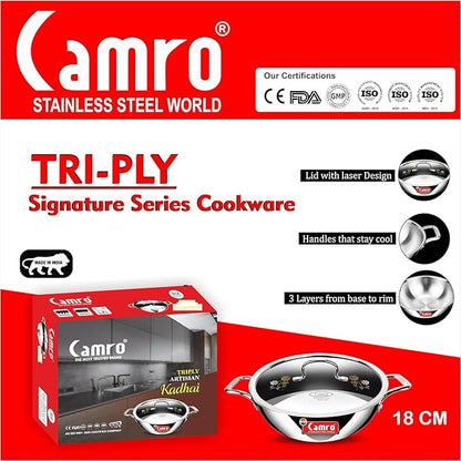 Camro Tripro Triply Signature Kadhai with lid 18 Cm 1 Liters Capacity Stainless Steel Lid for Curry