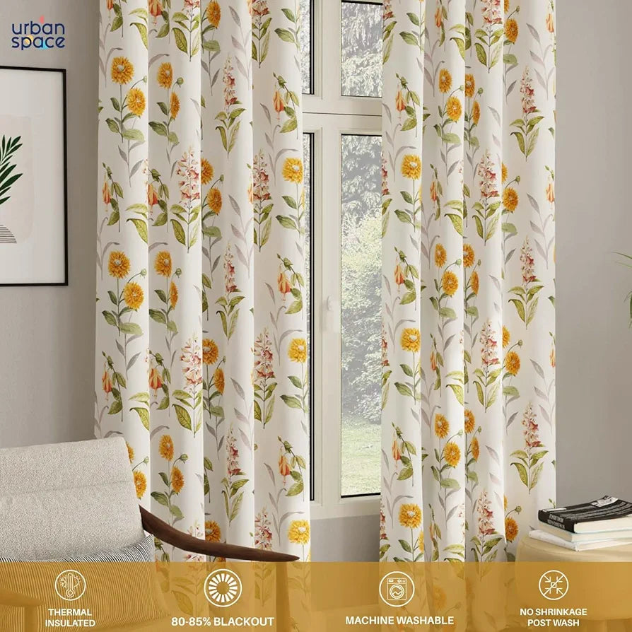 Urban Space Digital Printed Blackout Curtains for Door Bedroom Room Darkening Blackout Kids Decorative Curtains Cone Flower Yellow