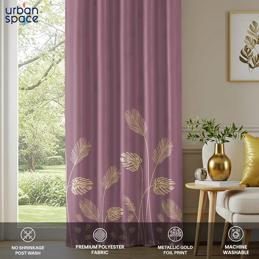 Urban Space Blackout Curtains for Living Room, Gold Foil Printed Luxurious Blackout Decorative Door Curtain Eyelet with Tieback 1 Piece Aurika Mauve Colour