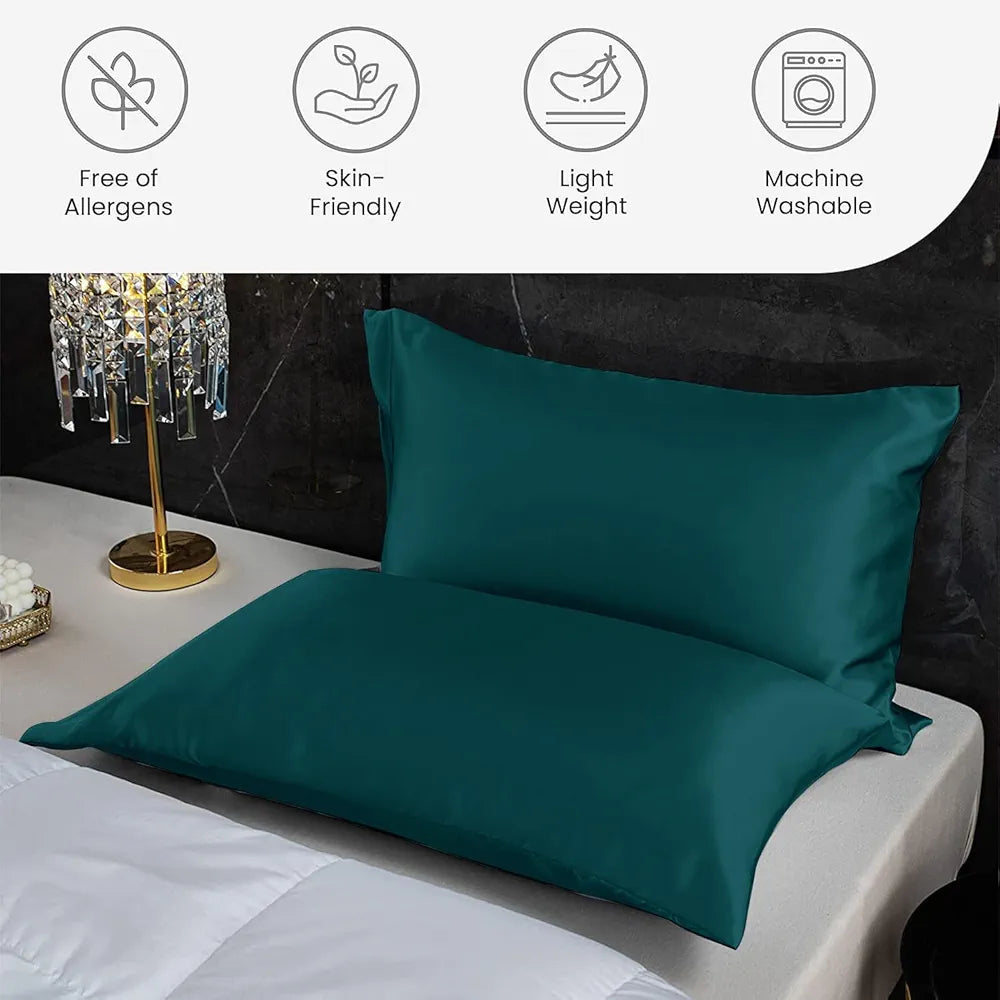 Cloth Fusion Satin Pillow Cover Set of 2 Pillow case with 3 Satin Soft Scrunchies Peacock Green