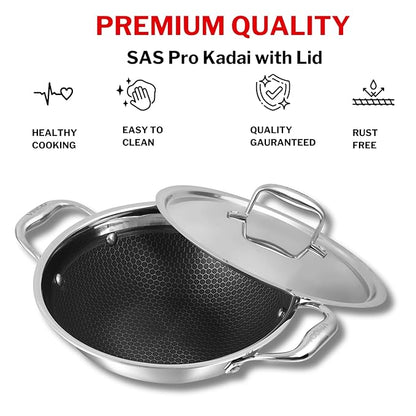Vinod SAS Pro Platinum Triply Stainless Steel Non Stick Kadhai with Lid - 1.8 Litre, 22 cm | Ceramic Coating | Honeycomb Design Induction Base