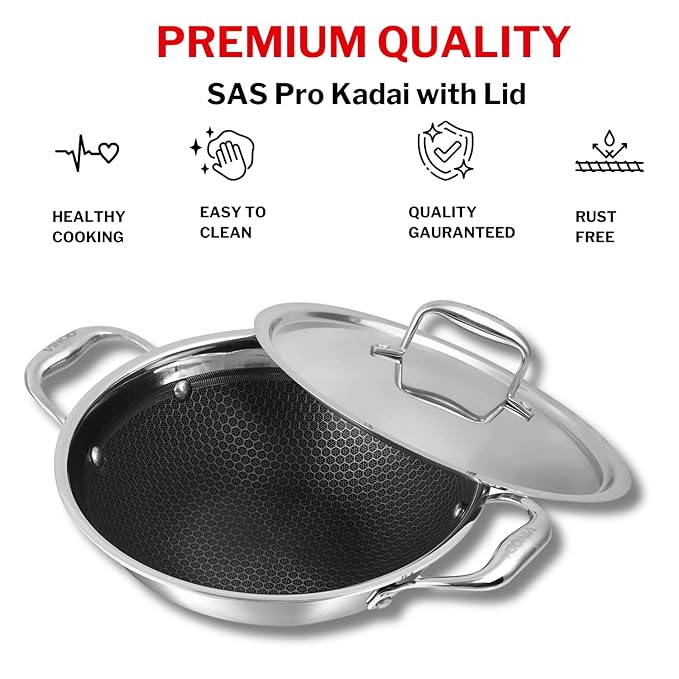 Vinod SAS Pro Platinum Triply Stainless Steel Non Stick Kadhai with Lid - 2.5 Litre, 24 cm | Ceramic Coating | Honeycomb Design Induction Base