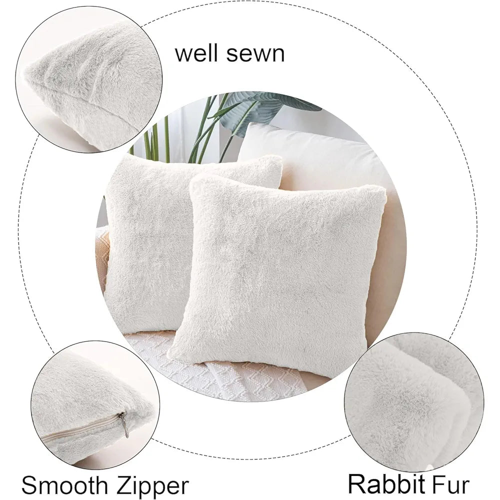 Luxe Home Cushion Cover Duble Side Rabbit Fur Plain Design Covers Set of 2 for Sofa Colour White