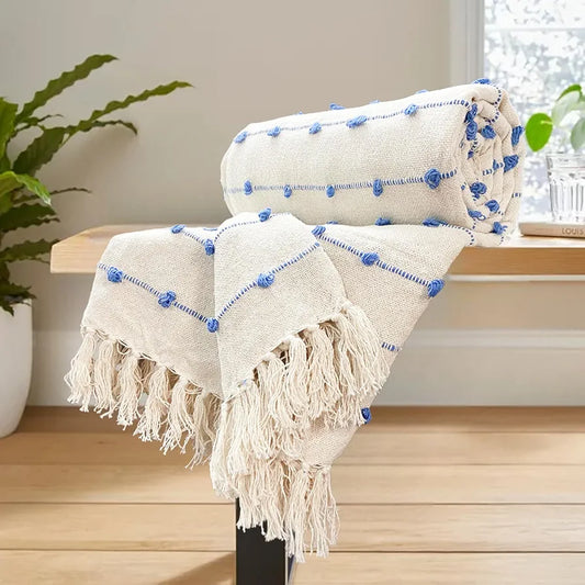 Sajavat Home Hand Knitted Pure Cotton Sofa Throw Colour Beige & Blue