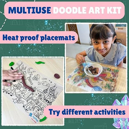 Pepplay Reusable 2 Coloring Placemats Sheet with 6 Erasable Marker Pens Doodle Creative Activity