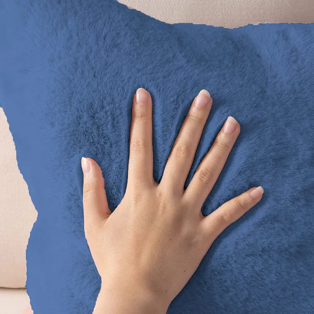 Luxe Home Cushion Cover One Side Rabbit Fur Plain Design Covers Set of 2 Colour Blue