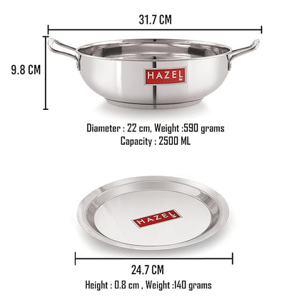 Hazel Induction Base Kadai Kadhai 22 cm with 2500 ml Capacity Stainless Steel with Steel Lid Cover