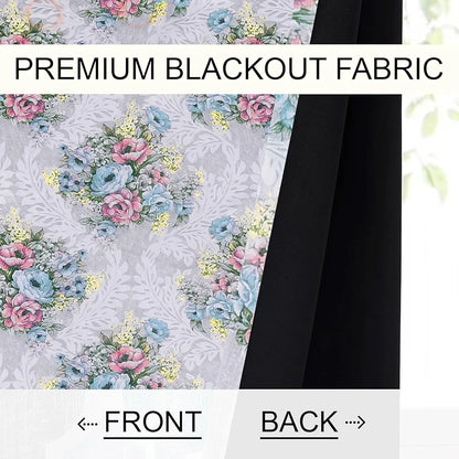 Cloth Fusion Blackout Printed Premium Door Curtains 7 Feet Long Set of 2 Ivory Bouquet