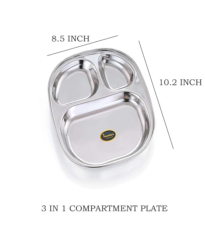 Kanshitas Rasoiware Stainless Steel Pav Bhaji Plate Thali 3 in 1 Partition Plate 10.2 Inch 4 Pcs