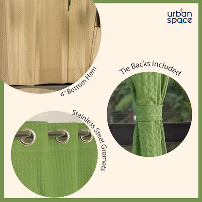 Urban Space Cotton Waffle Weave Curtains for Window Set of 3 Curtains 5 feet Long Room Darkening Tieback & Eyelets Included with Curtains Sage Green & Beige