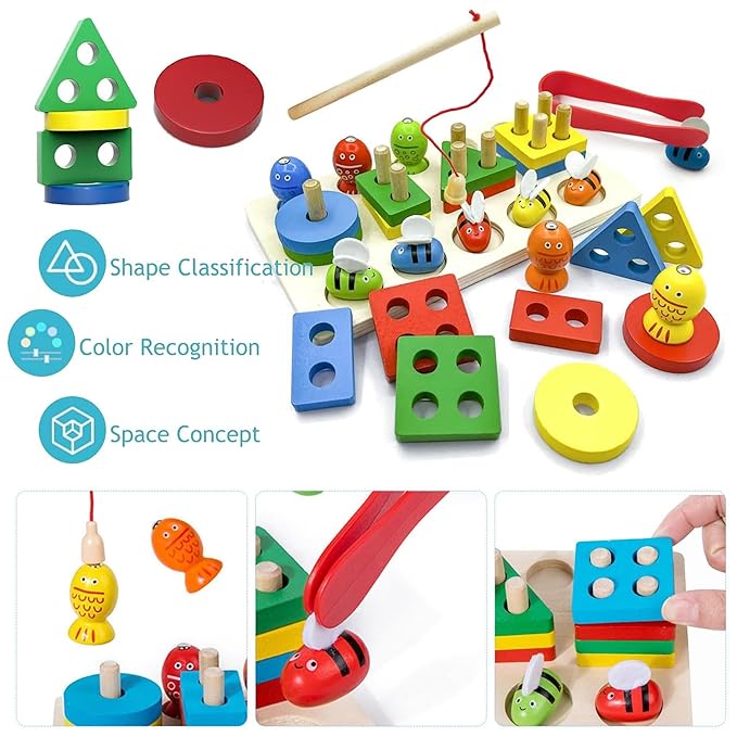 Kidology Montessori Toys for 1+ Year Old Wooden Shape Sorting & Toddler Fishing Toys