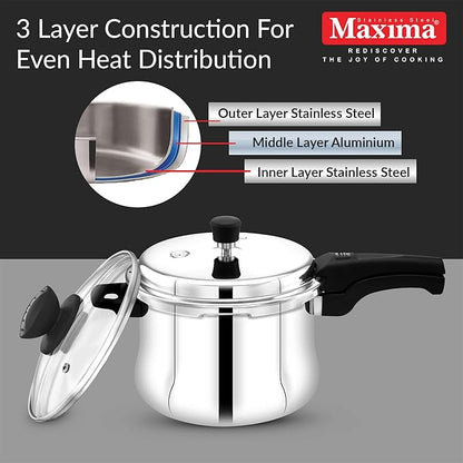 Maxima Sumo Belly Plus Triply 3.5L Stainless Steel Cooker Glass Lid - 2570 gms